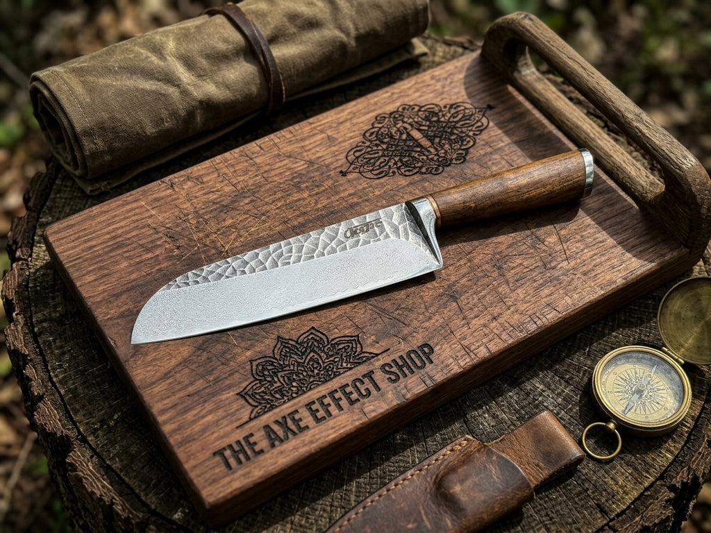 "ACEJET Hammerman Olive santoku met damascusstaal lemmet" and "Olijfhouten heft met roestvrijstalen bolster van ACEJET santoku"