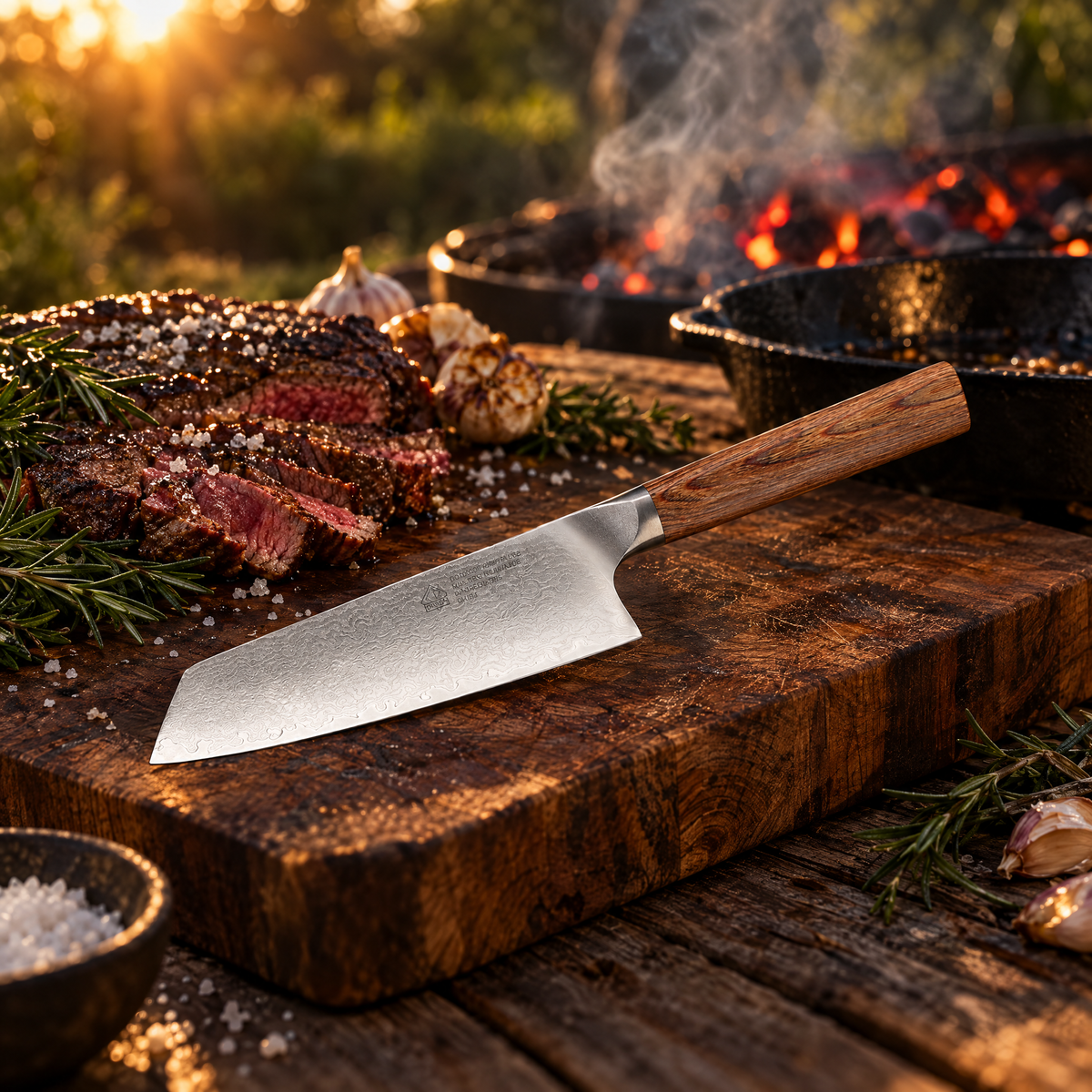 PUMA IP santokumes met VG-10 damaststaal en pakkahouten heft op een houten snijplank bij de BBQ