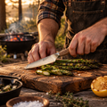 PUMA IP damast schilmes 10 cm met pakkahout heft snijdt gegrilde groene asperges bij een outdoor barbecue