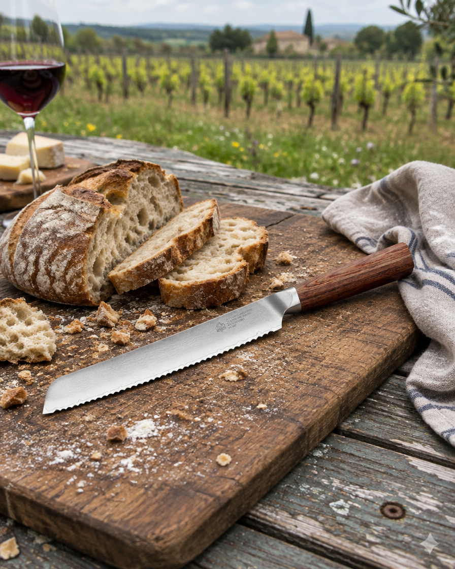 PUMA IP damascus broodmes naast rustiek Frans brood op een houten tafel in een wijngaard